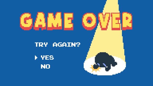 【動画素材】ファミコン風かわいいドット絵のゲームオーバー【ブルー背景】[Stock Video] 8-Bit Pixel Art Game Over Screen on Blue Background