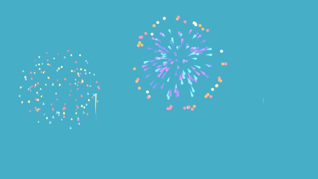 【動画素材】カラフルでかわいい打ち上げ花火のアニメーション【ライトブルー背景】[Stock Video] Cute Colorful Fireworks Animation on Light Blue Background, Loop