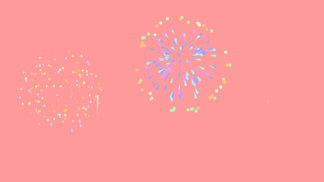 【動画素材】カラフルでかわいい打ち上げ花火のアニメーション【ピンク背景】[Stock Video] Cute Colorful Fireworks Animation on Pink Background, Loop