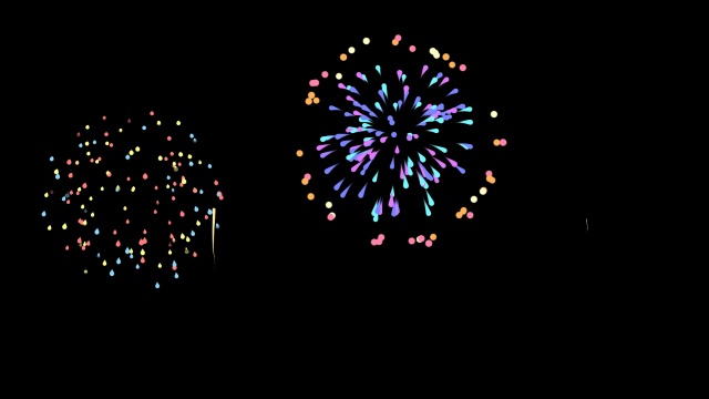【動画素材】カラフルでかわいい打ち上げ花火のアニメーション【黒背景】[Stock Video] Cute Colorful Fireworks Animation on Black Background, Loop