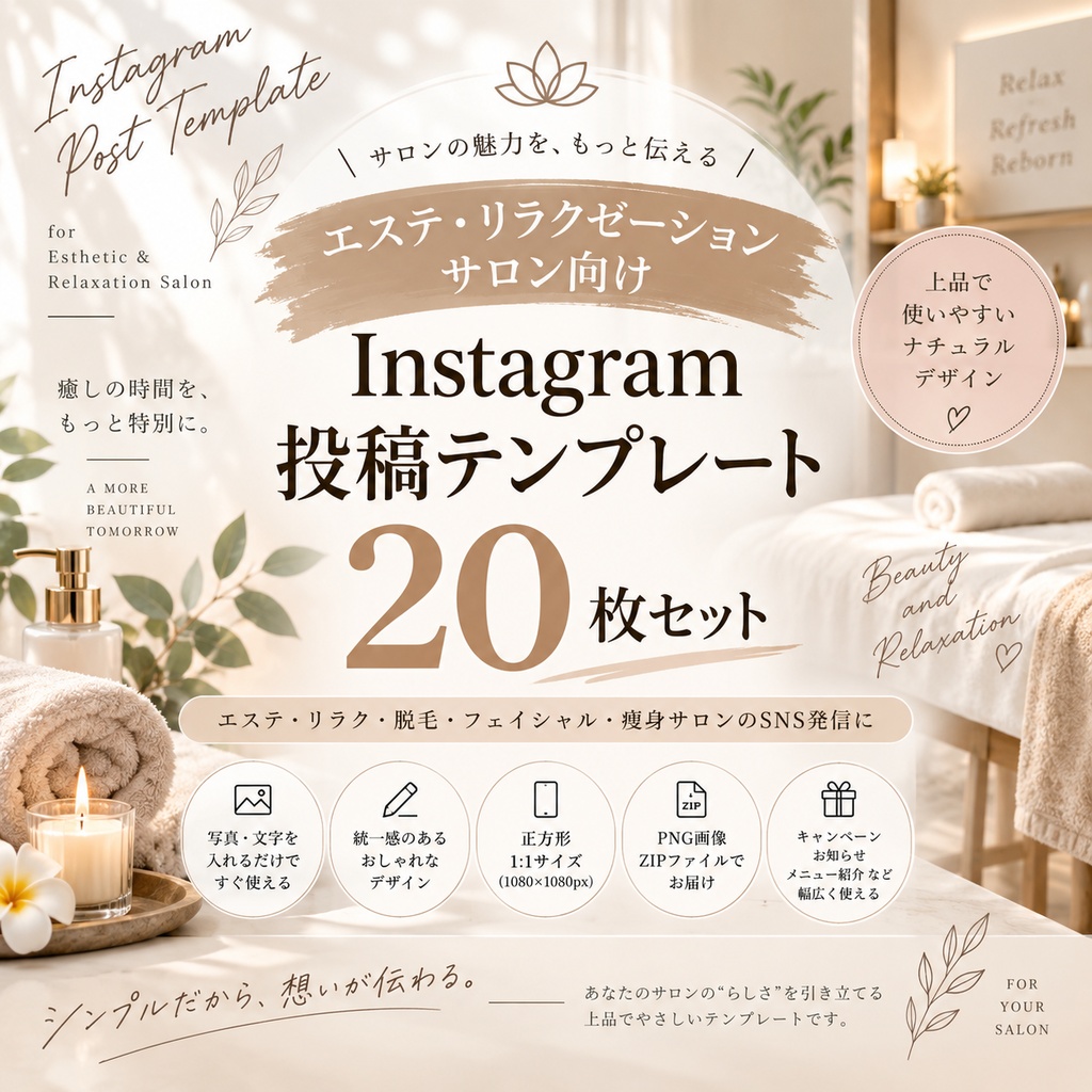 【20枚セット】エステ・リラクゼーションサロン向け Instagram投稿テンプレート｜ナチュラルベージュ