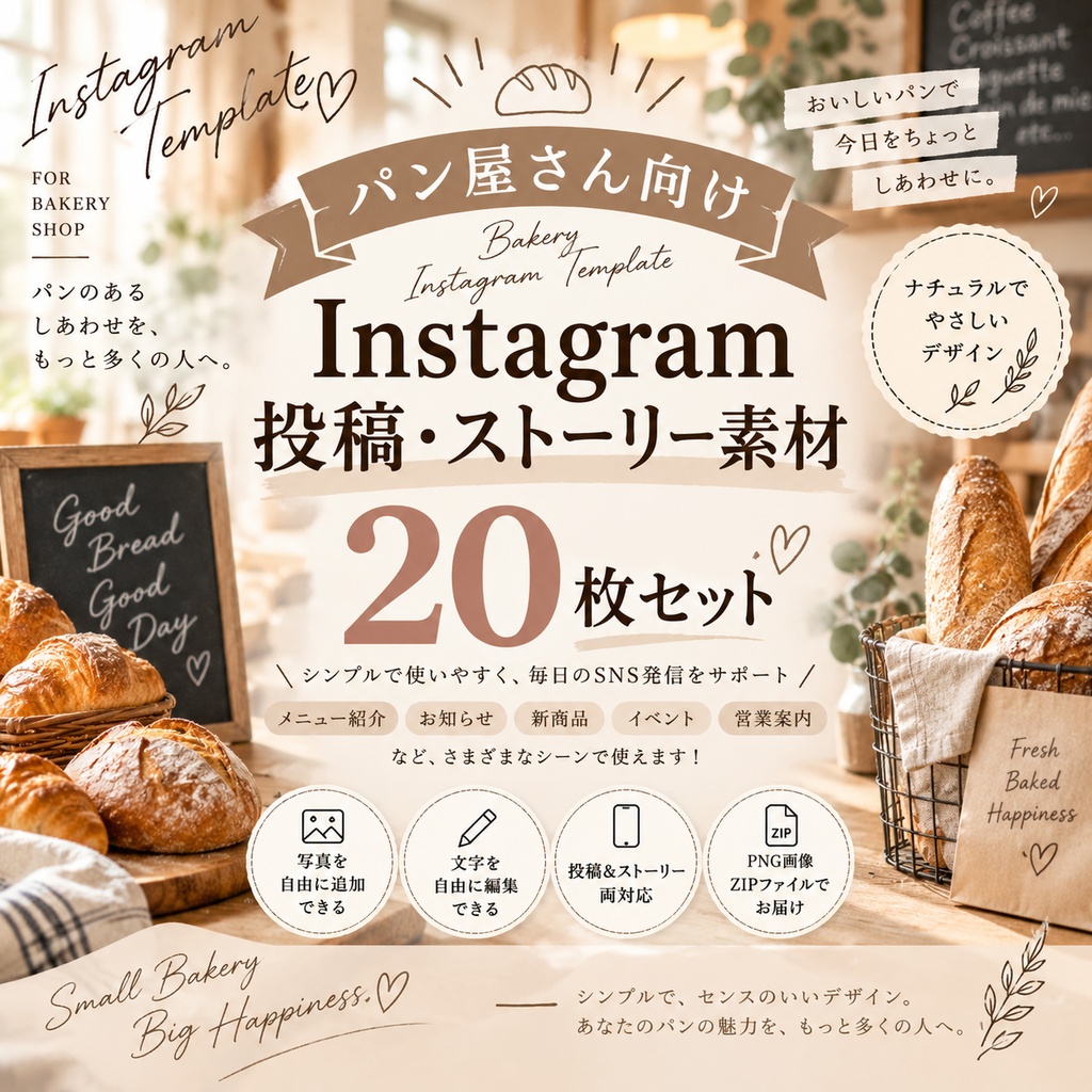 【20枚セット】パン屋さん向け Instagram投稿・ストーリー素材｜ナチュラルベージュ｜SNSテンプレート