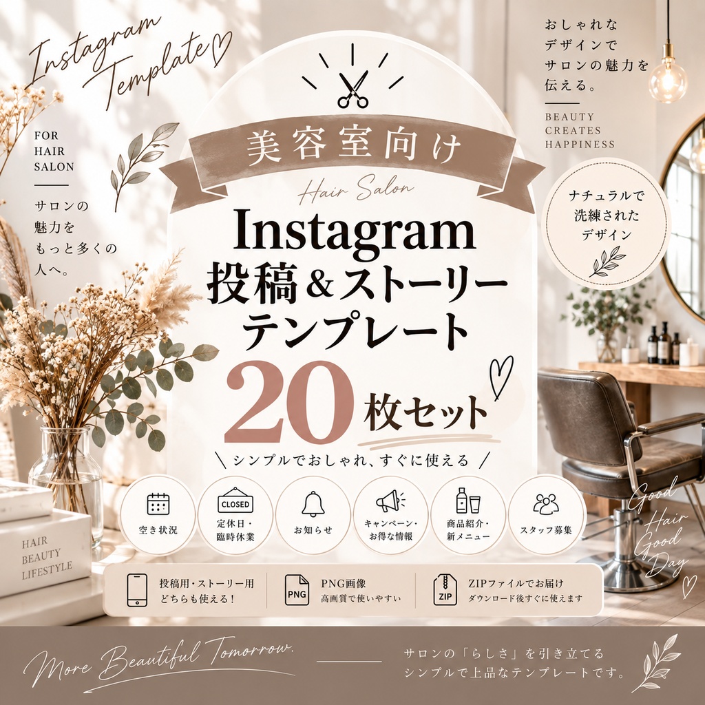 美容室向け Instagram投稿＆ストーリーテンプレート20枚セット｜サロンSNS素材｜おしゃれ・ナチュラル