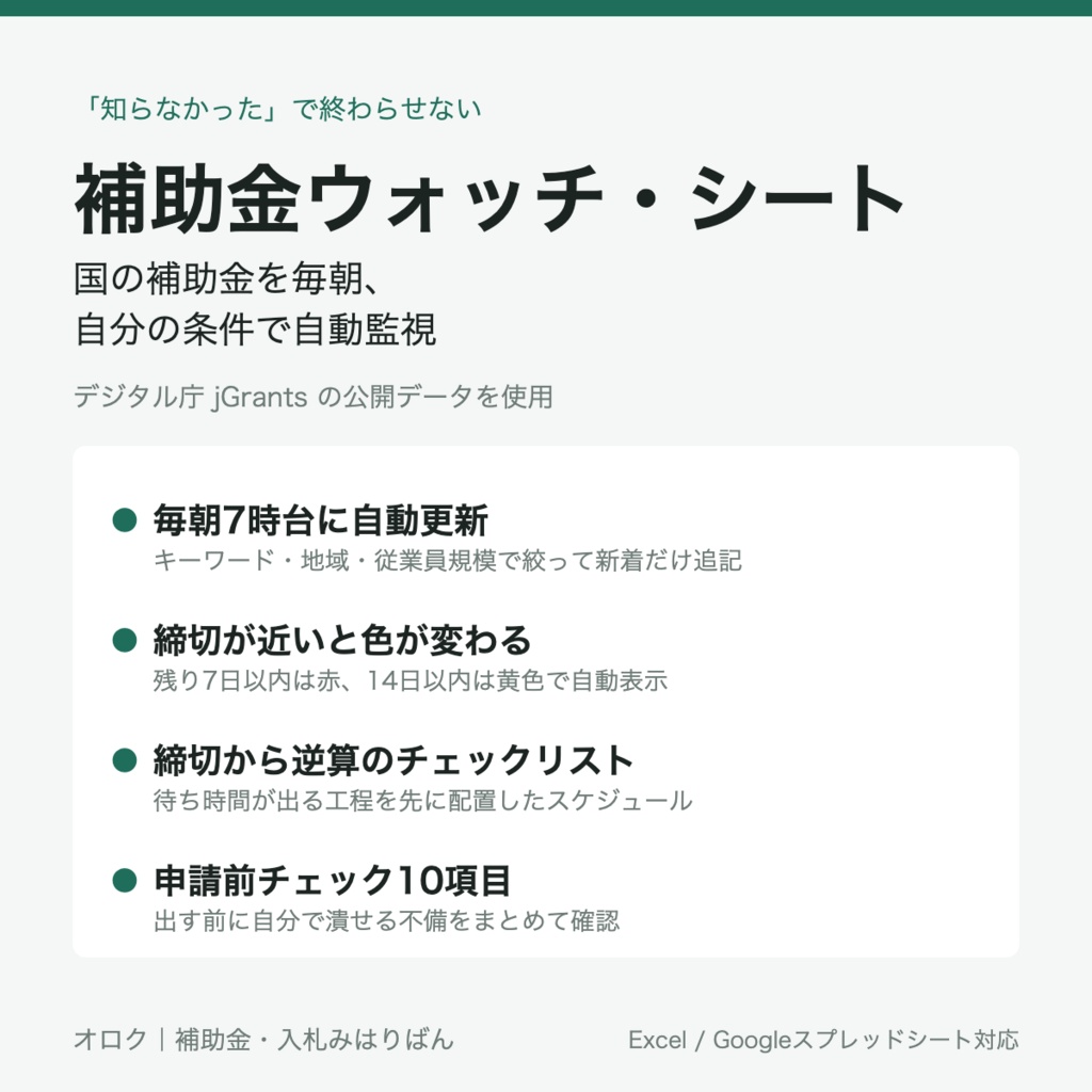 補助金ウォッチ・シート｜国の補助金を毎朝自動監視＋締切逆算チェックリスト