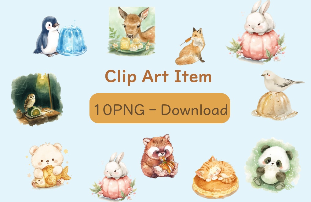【和菓子×動物シリーズ】水彩画クリップアート10点セット PNG
