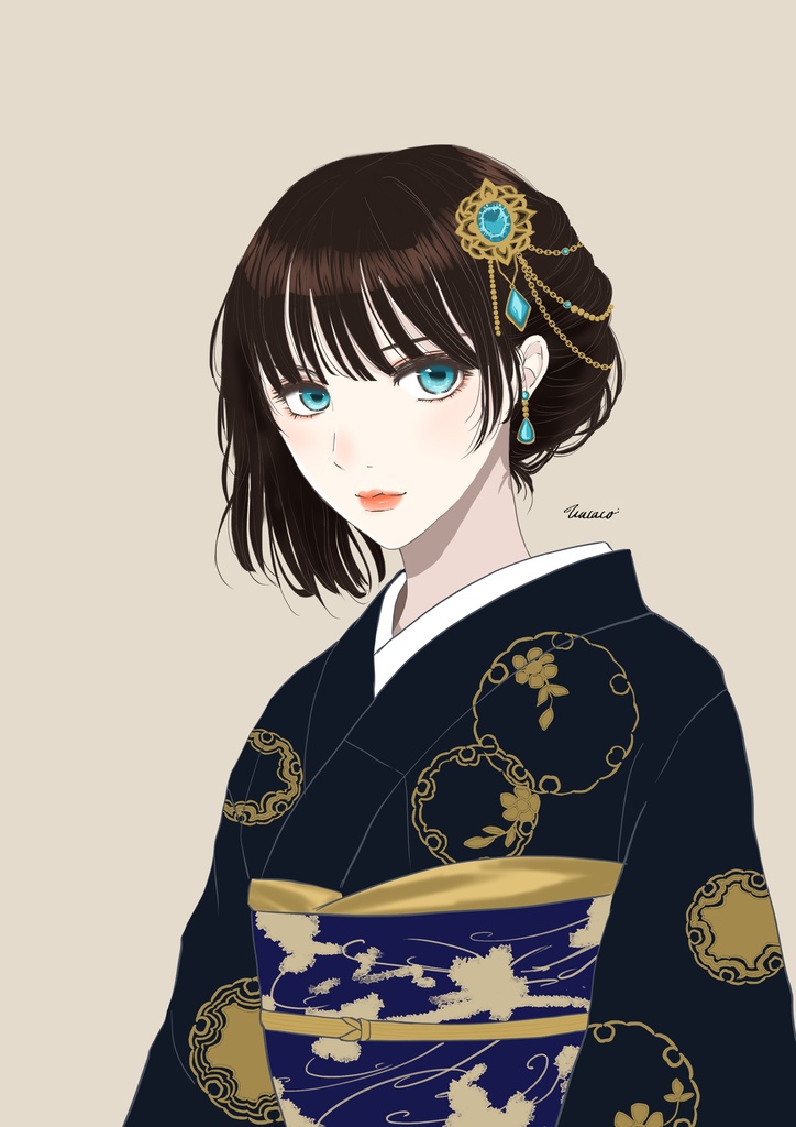 ターコイズの髪飾り着物少女