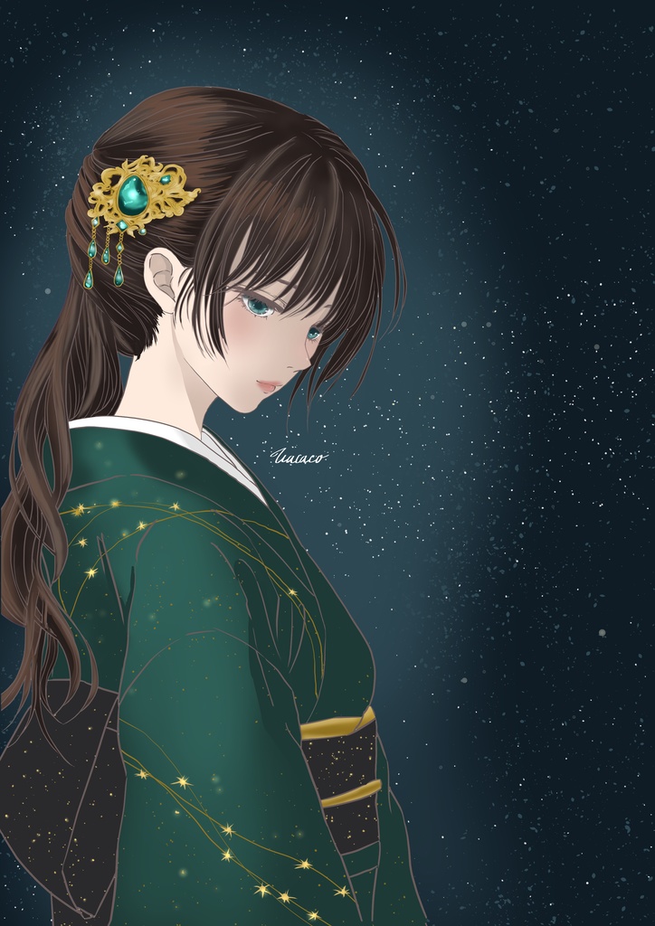 星の夜と着物少女
