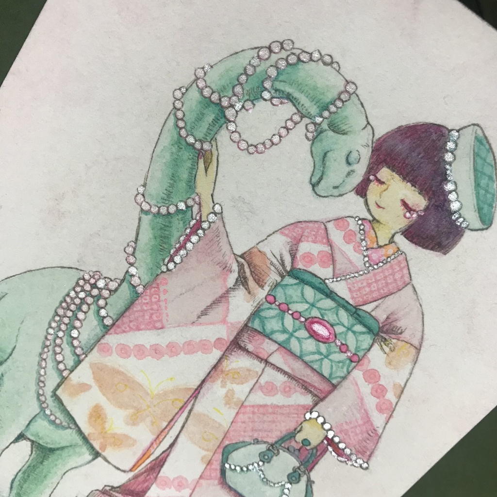 【原画】恐竜と着物の女の子