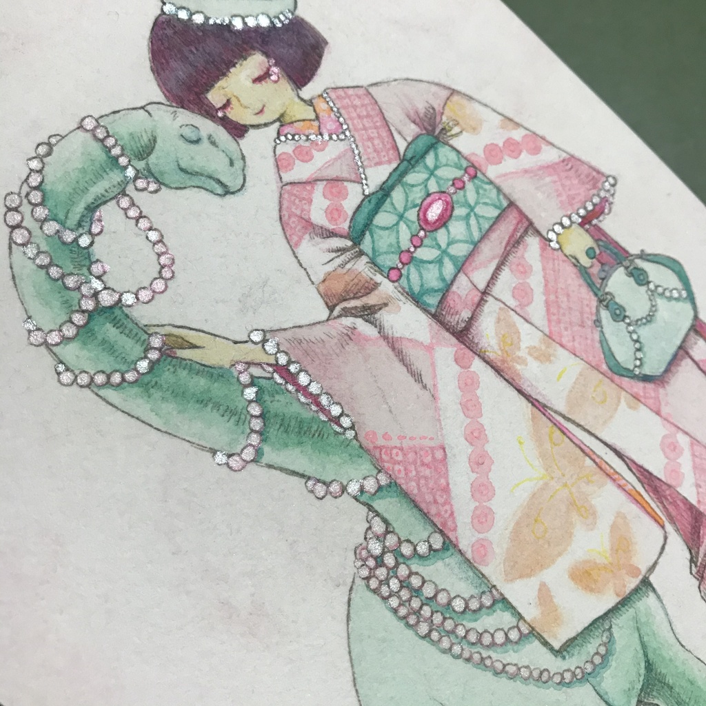 【原画】恐竜と着物の女の子