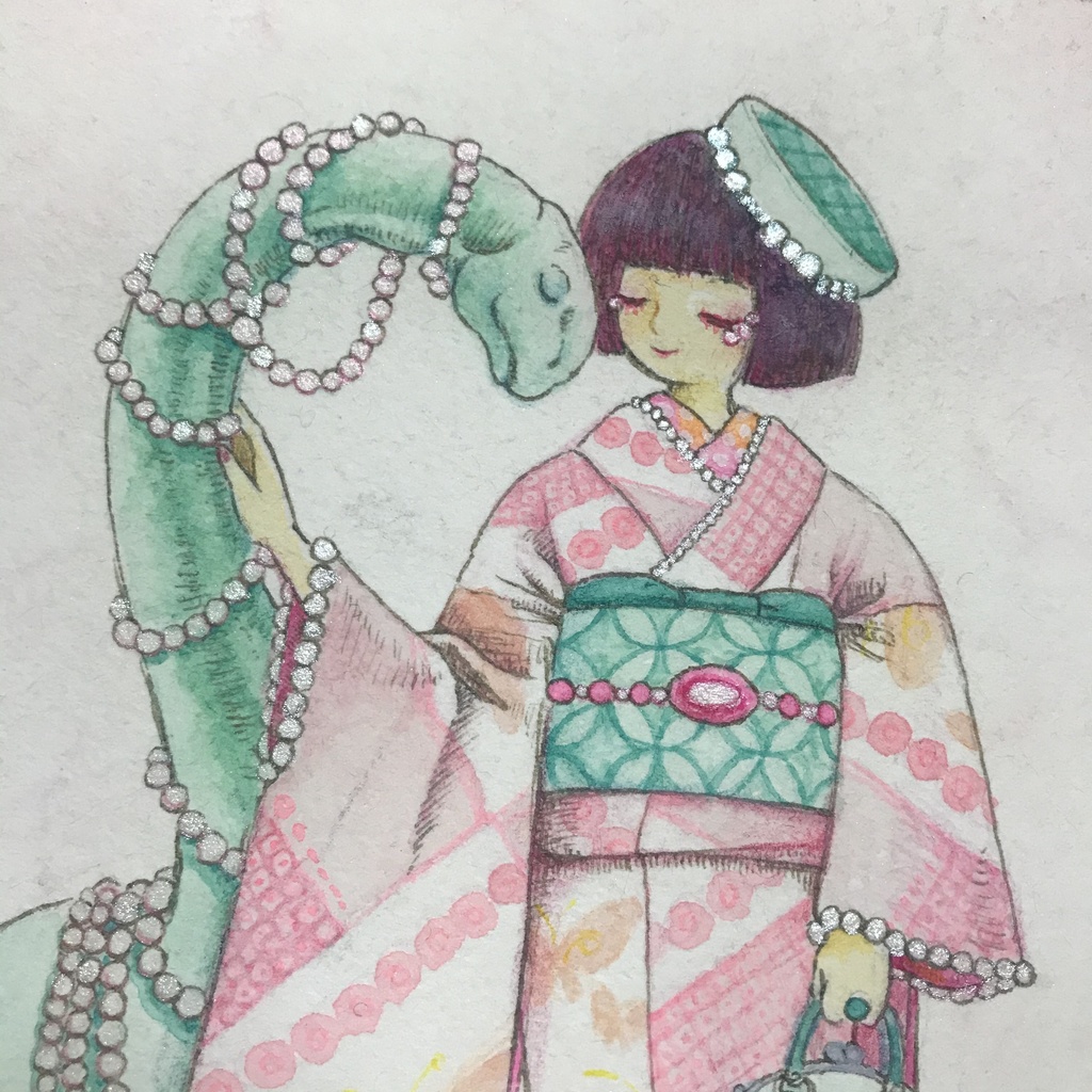 【原画】恐竜と着物の女の子