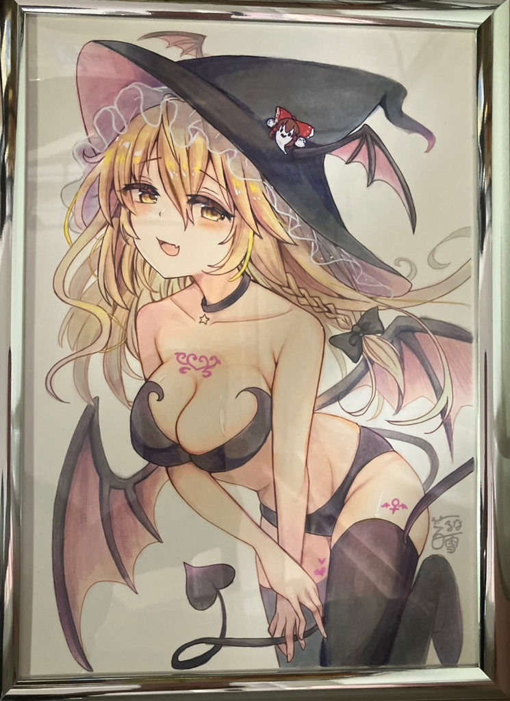 【手書き】 アートボード 霧雨魔理沙 サキュバス衣装 １点物 額縁付き