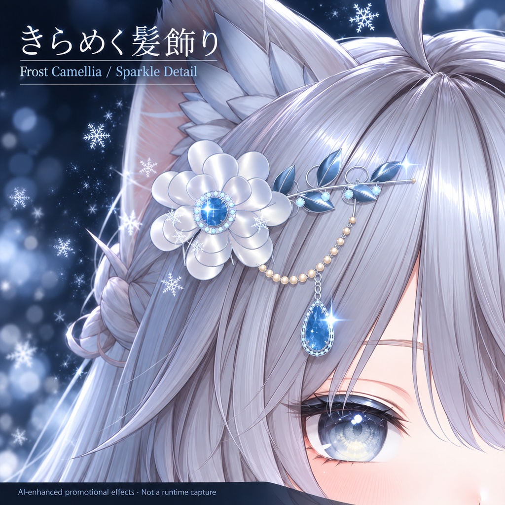 【VRChat髪飾り|雪・きらめきエフェクト付き】霜華のカメリア【MA対応/lilToon/Blender同梱】