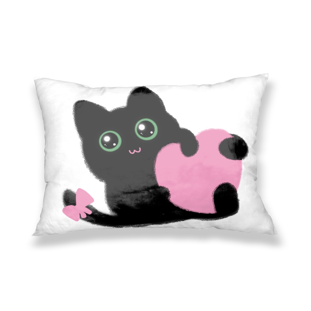 ピンクハート黒猫枕カバー