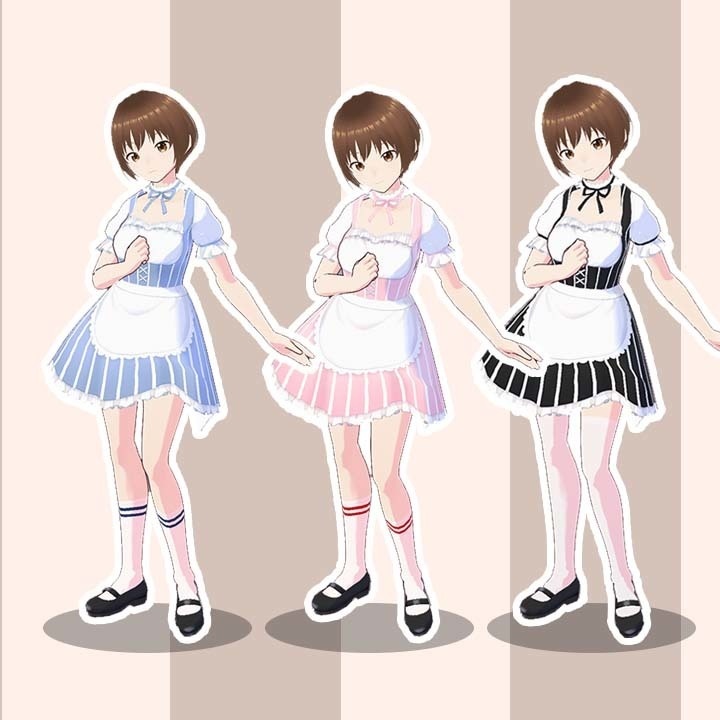 【VRoid】VRoid Studio用テクスチャ / メイド服用(半袖)テクスチャ ストライプ【水色】【ピンク】【黒】3種(商用可能)