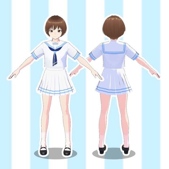 【VRoid】VRoid Studio用テクスチャ / 白いセーラー服(半袖)テクスチャ 【水色】【ピンク】【緑】3種(商用可能)