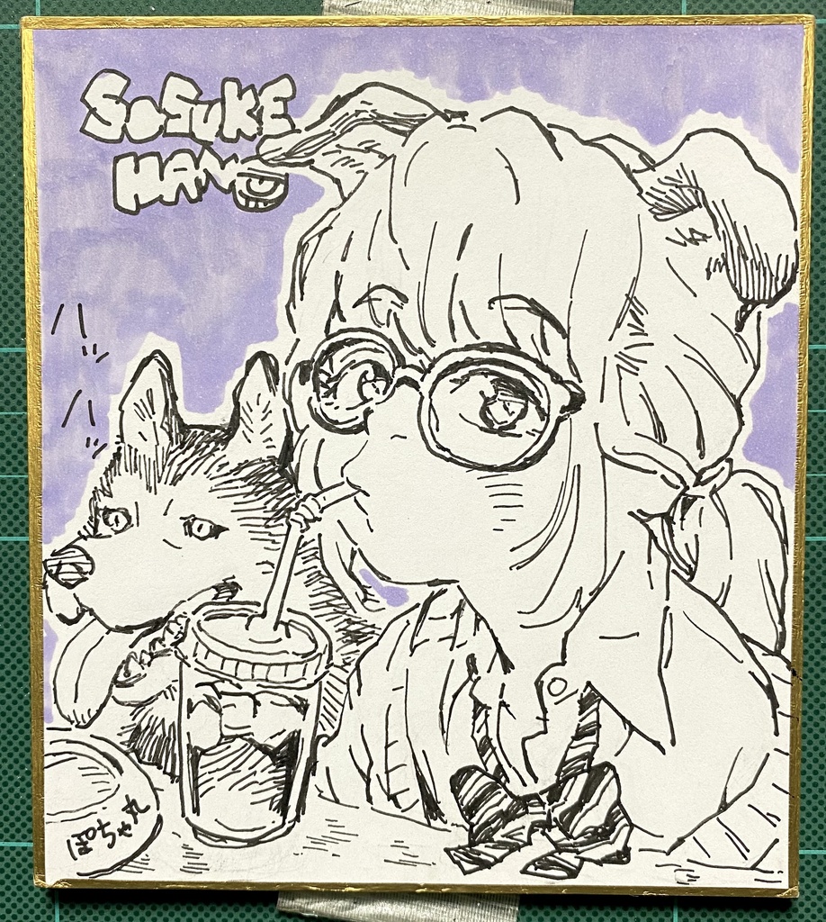 犬耳っ娘とハスキーのミニカラー色紙