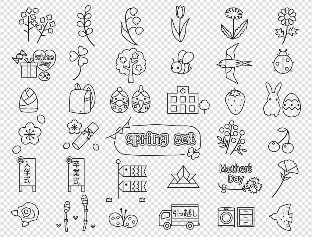 春の行事や植物をイメージしたイラストのセット 線画バージョン