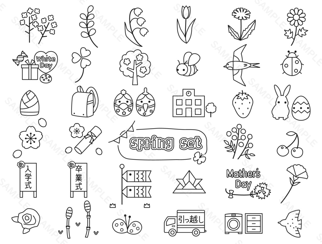 春の行事や植物をイメージしたイラストのセット 線画バージョン