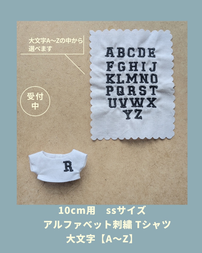 【ssサイズ】10cm用ぬい　選べるアルファベット刺繍Tシャツ