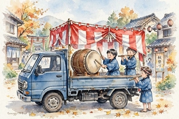 働くトラックとお祭り風景 Working trucks and a Japanese festival scene 
