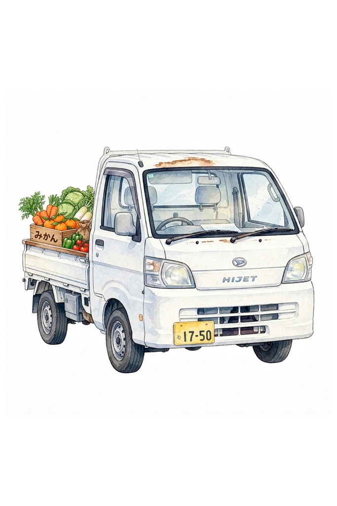 古びた軽トラ画像水彩タッチ Weathered kei truck - Rusty Japanese mini truck watercolor clipart