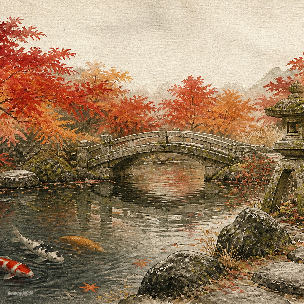 日本庭園四季水彩画タッチ/Japanese Garden Watercolor - Four Seasons Collection