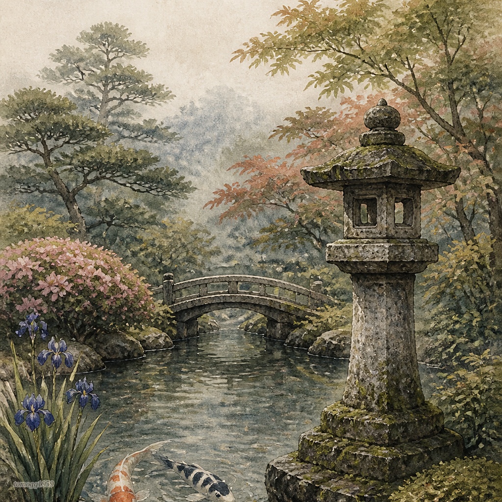 日本庭園四季水彩画タッチ/Japanese Garden Watercolor - Four Seasons Collection