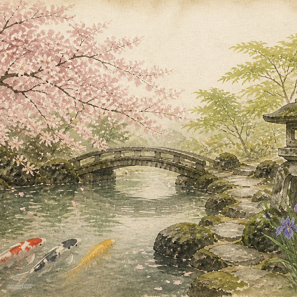 日本庭園四季水彩画タッチ/Japanese Garden Watercolor - Four Seasons Collection