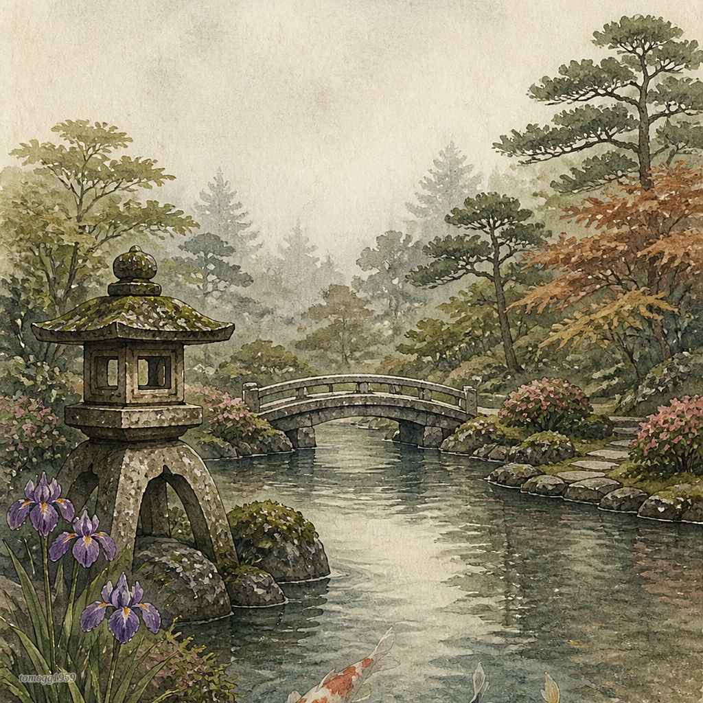 日本庭園四季水彩画タッチ/Japanese Garden Watercolor - Four Seasons Collection
