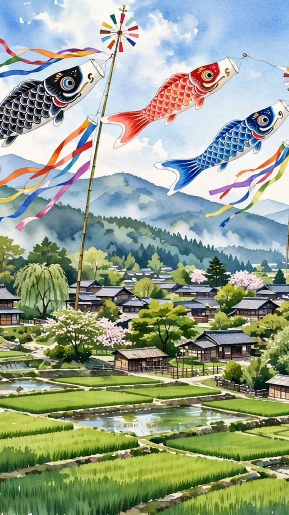 日本の風景水彩画タッチ/イラスト素材