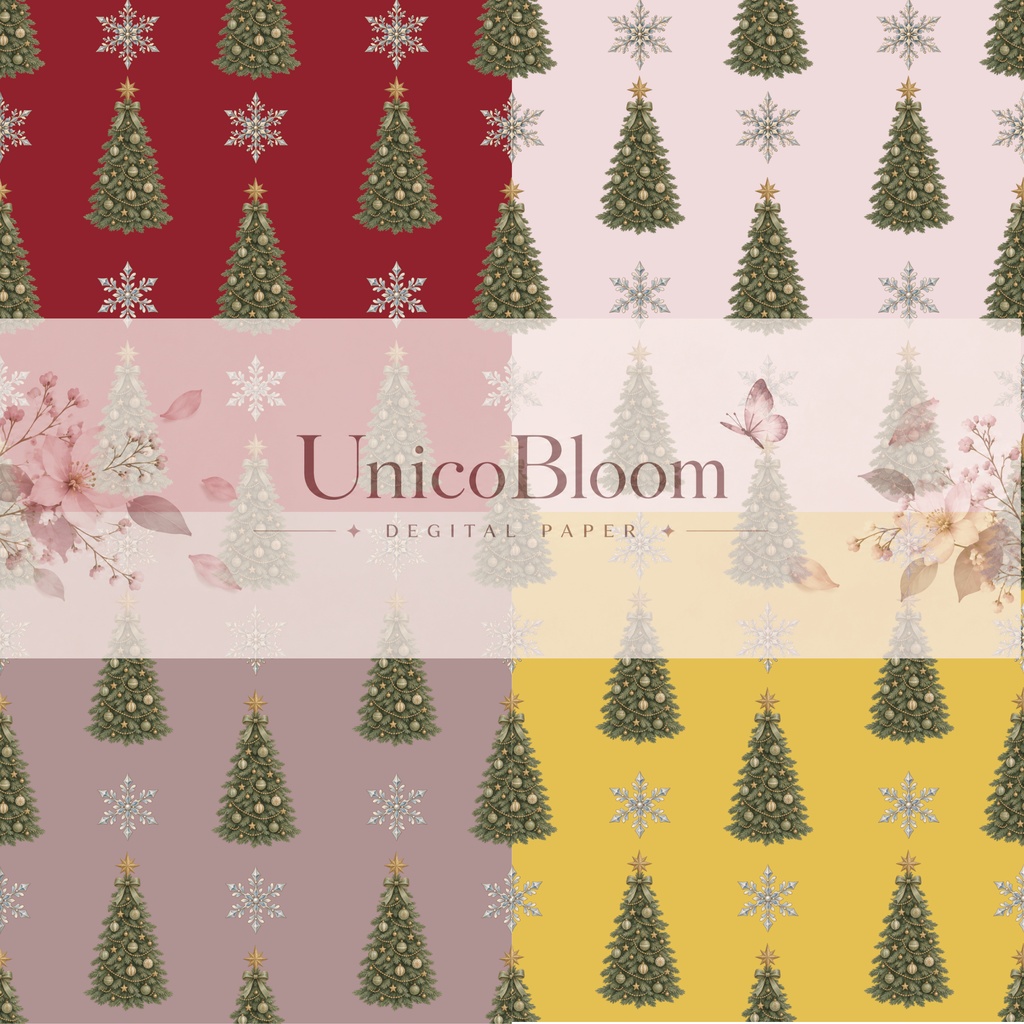 【A】クリスマスツリー＆雪の結晶デジタルペーパー4枚セット｜壁紙・背景素材・ラッピング・デジタル手帳｜【A】VintageChristmasTree＆Snowflake