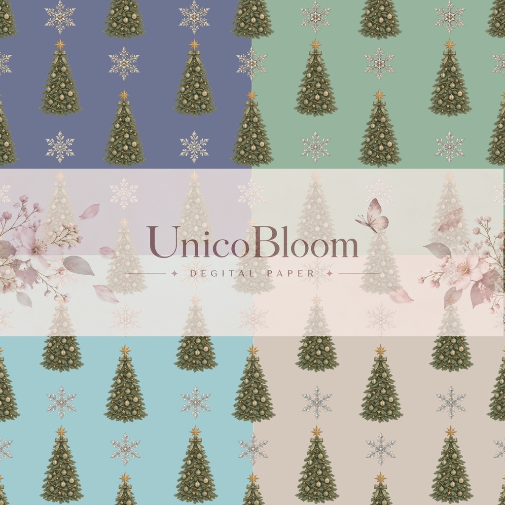 【B】クリスマスツリー＆雪の結晶デジタルペーパー4枚セット｜壁紙・背景素材・ラッピング・デジタル手帳｜【B】ChristmasTree＆Snowflake