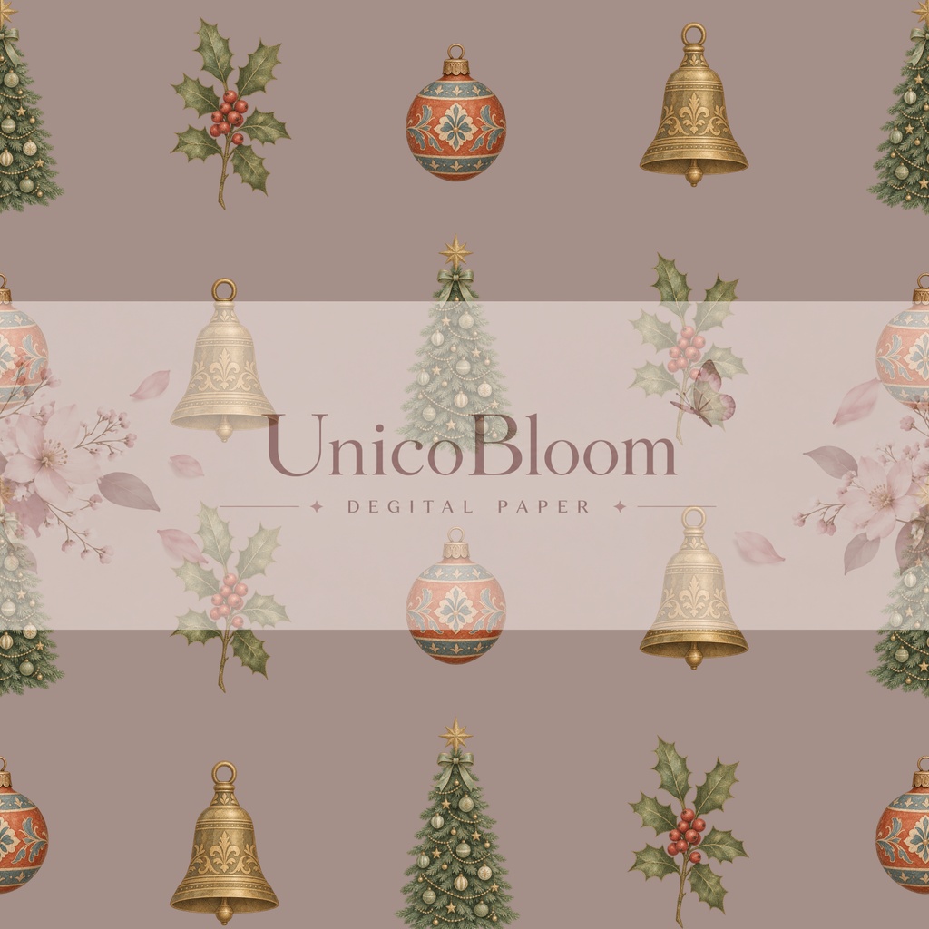 【B】ビンテージクリスマスデジタルペーパー5枚セット|壁紙・背景素材・ラッピング・デジタル手帳|【B】Vintage Christmas