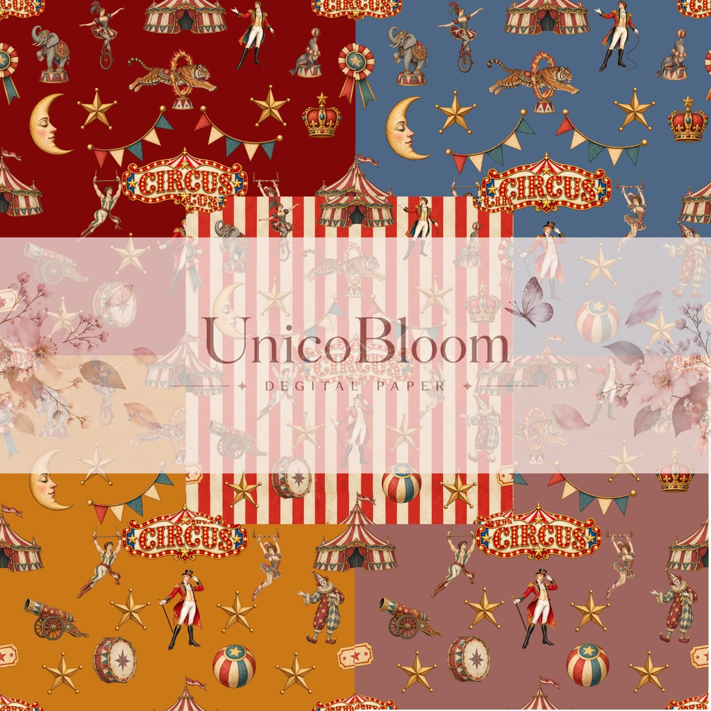 ビンテージサーカスデジタルペーパー5枚セット|壁紙・背景素材・ラッピング・デジタル手帳|Vintage Circus