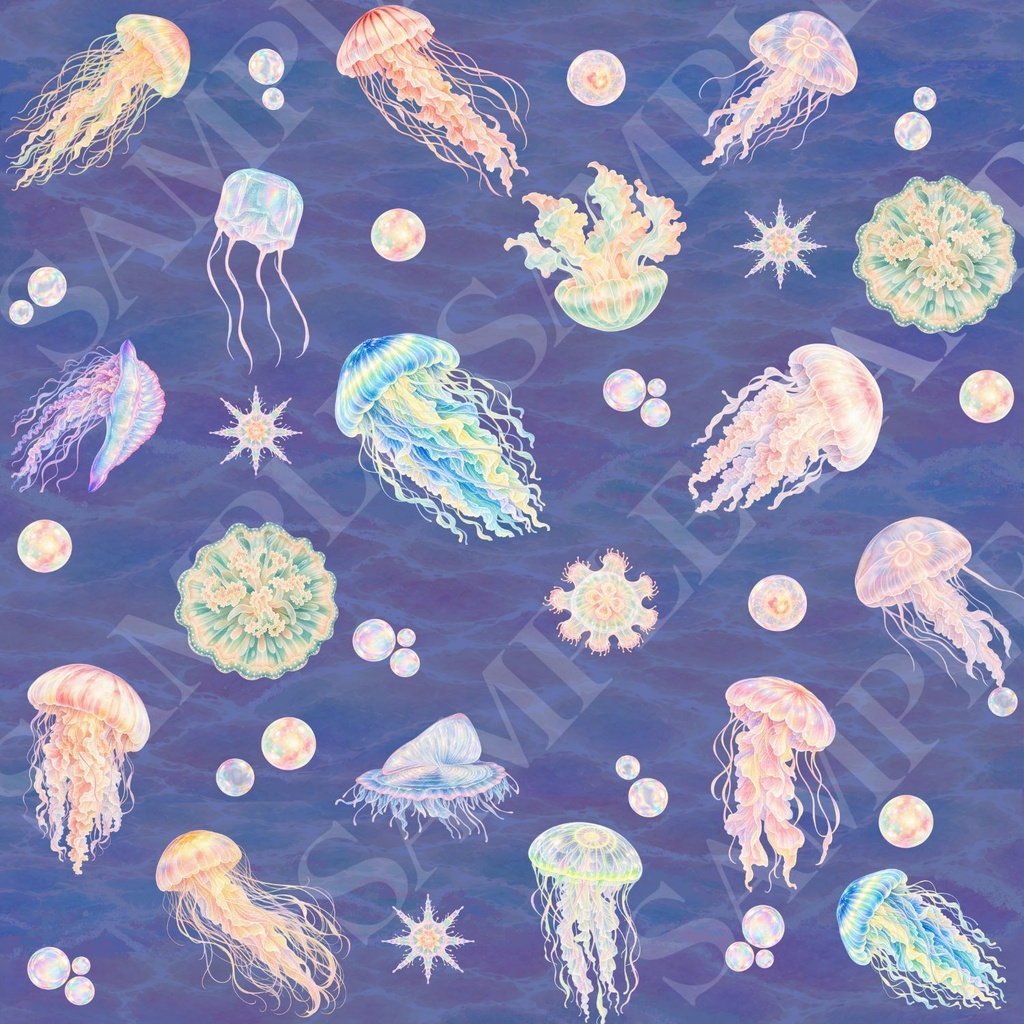 クラゲ【海月】デジタルペーパー4枚セット3600×3600pxPNG・PDF|壁紙・背景素材・ラッピング・手帳素材|商用利用OK|Jellyfish
