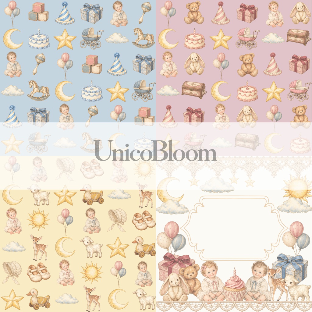 赤ちゃんお祝いデジタルペーパー4枚セット3600×3600pxPNG・PDF｜壁紙・背景素材・ラッピング・手帳素材｜Celebrating the baby商用利用OK｜