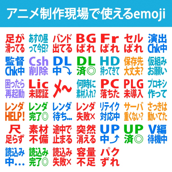 アニメ制作現場で使える絵文字40種(テキスト)