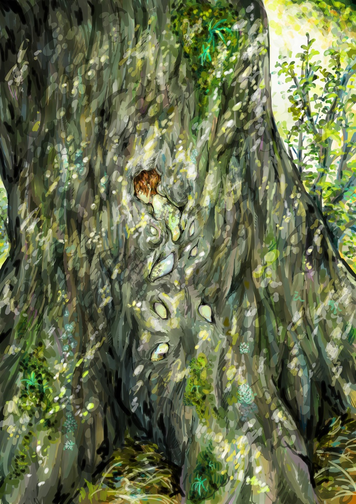 ポストカード５　『木に呑み込まれる少年』