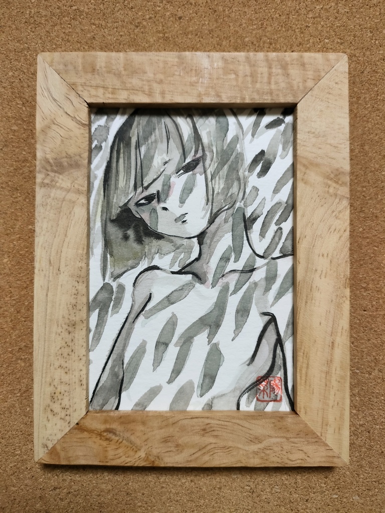 絵画　水彩画　柳にタカ