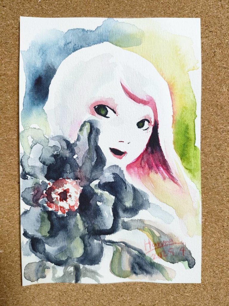 水彩画原画『黒い花、白い微笑み』