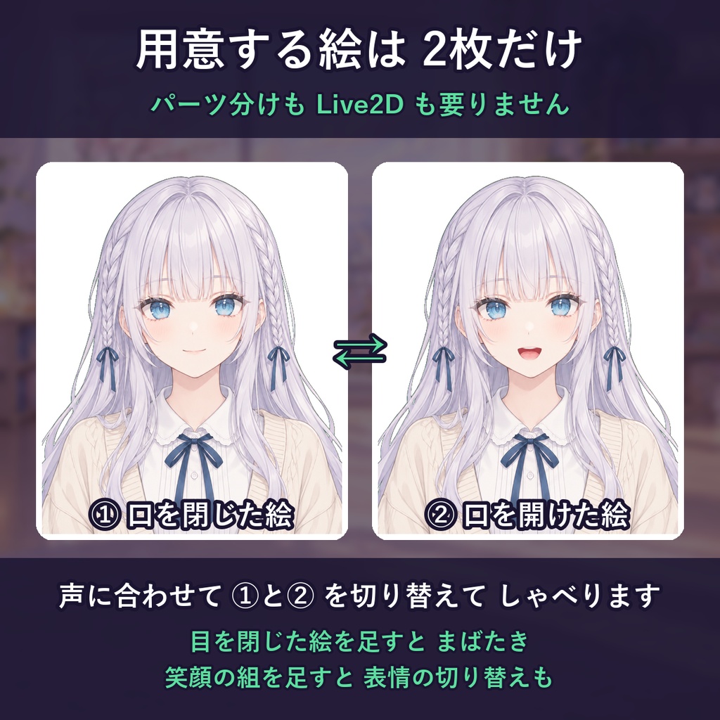 【無料体験版あり】KoeTuber|立ち絵2枚と声で動く PNGTuber ソフト(口パク・まばたき・2体同時・読み上げの声もOK)
