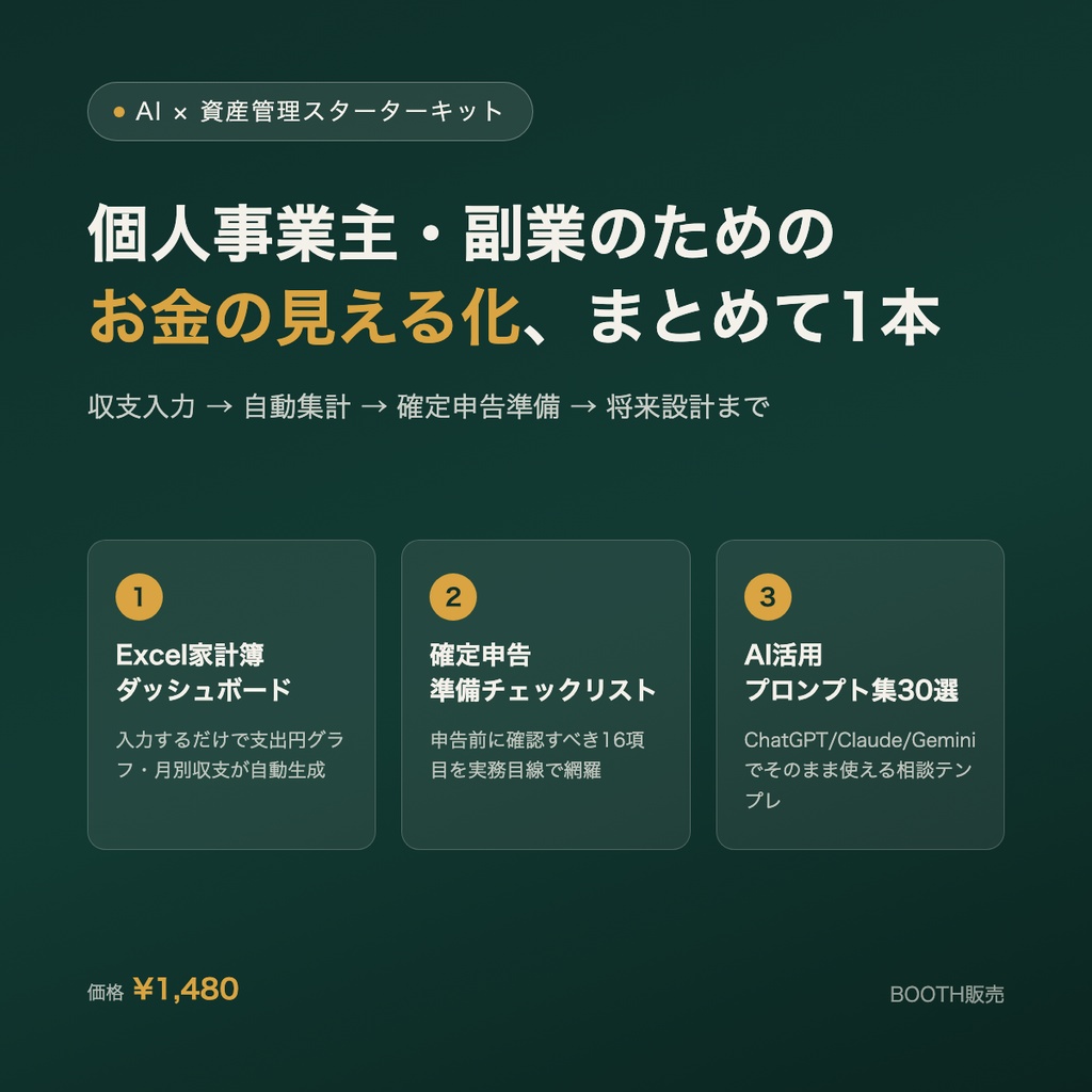 個人事業主・副業のためのAI×資産管理スターターキット｜Excel家計簿ダッシュボード＋確定申告チェックリスト＋AI活用プロンプト30選
