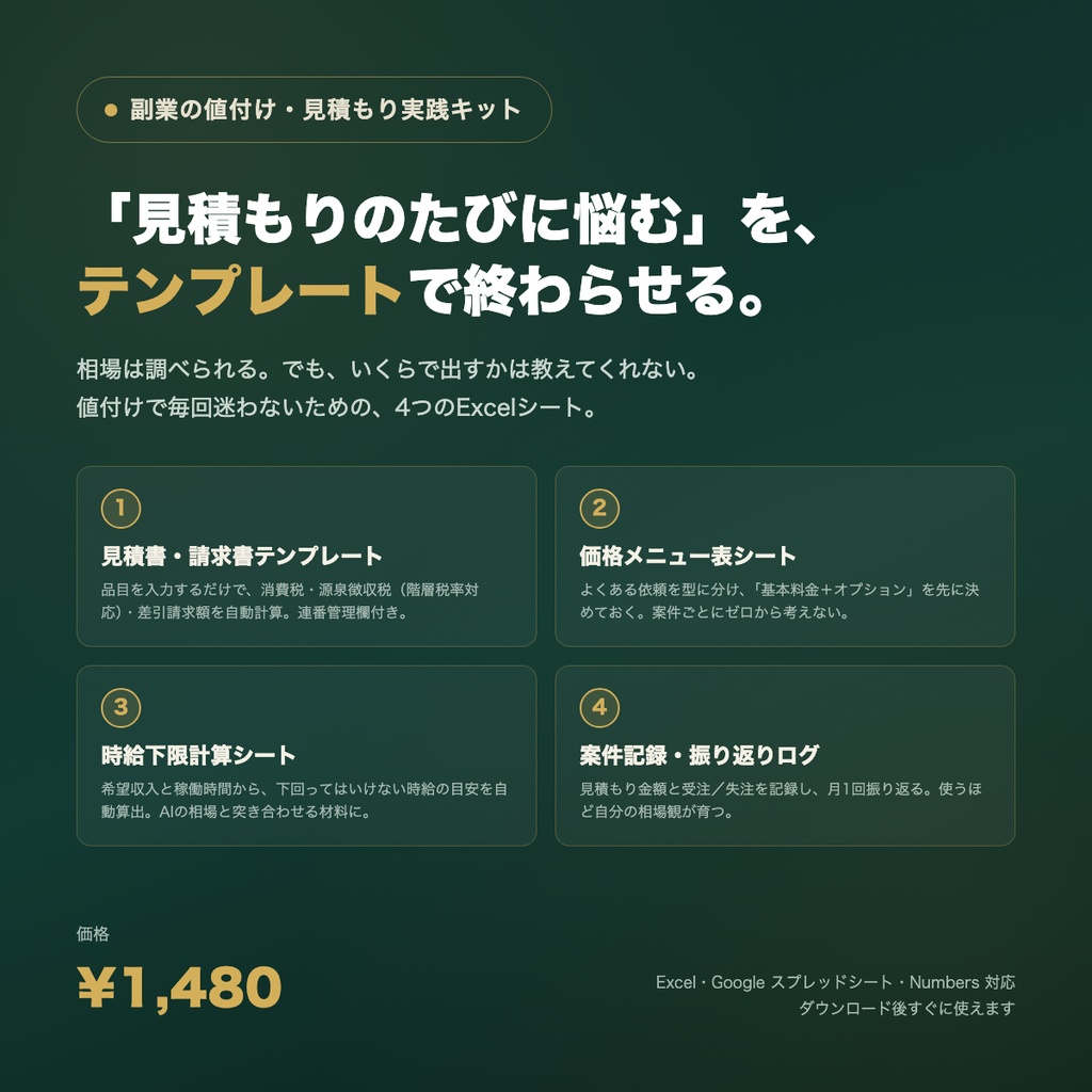 副業の値付け・見積もり実践キット｜見積書・請求書Excelテンプレート＋価格メニュー表＋時給下限計算シート＋案件記録ログ