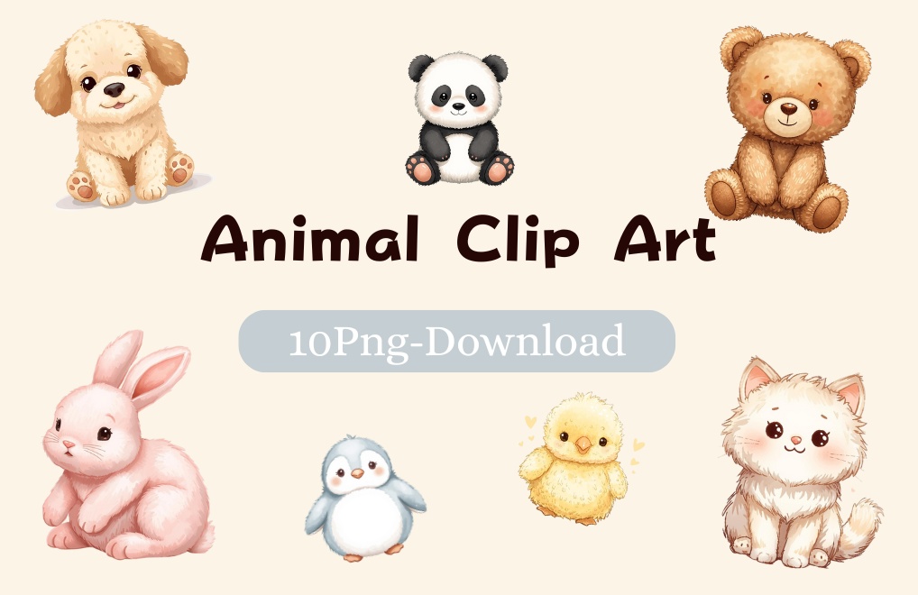 ふかふかアニマルズ – 手書き風ぬいぐるみクリップアート10種類(PNG形式)