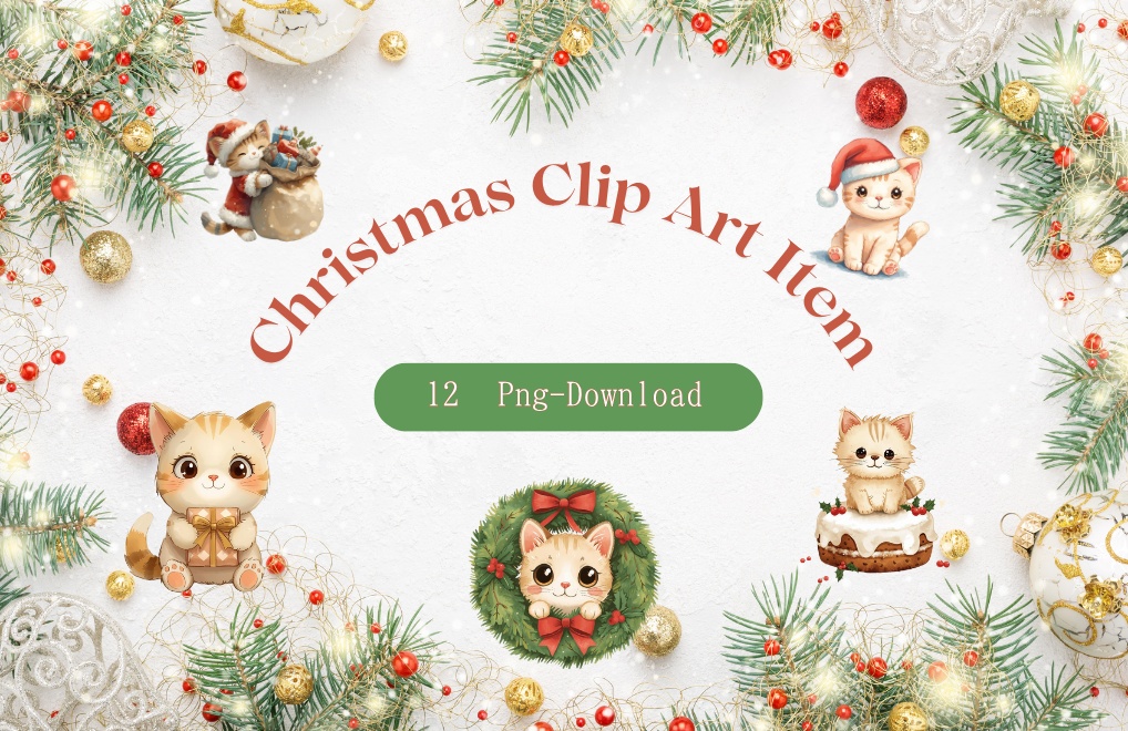 ゆるねこクリスマス|手書き風ぬいぐるみ猫のゆるカワPNGクリップアート12セット(PNG形式背景透過)