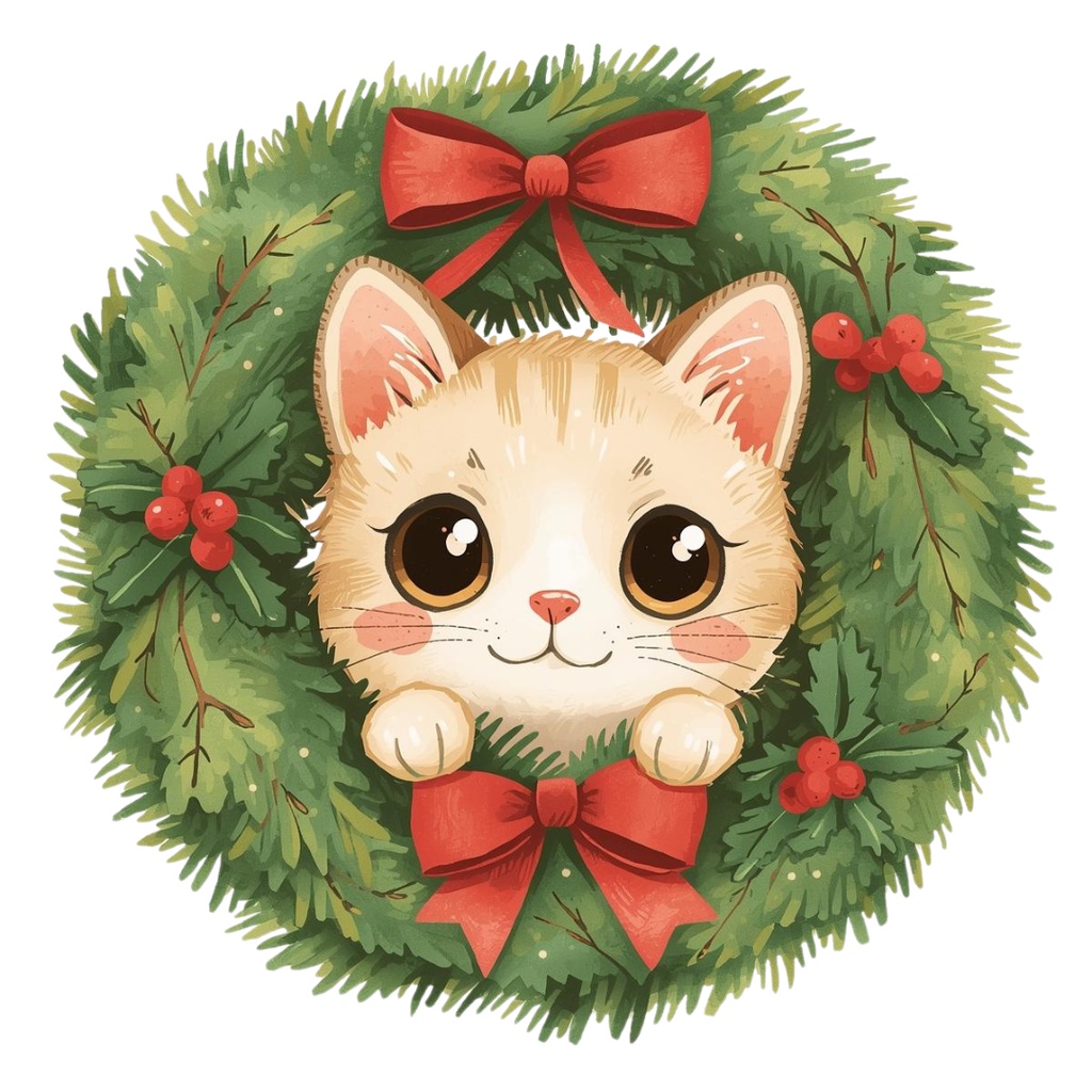 ゆるねこクリスマス|手書き風ぬいぐるみ猫のゆるカワPNGクリップアート12セット(PNG形式背景透過)