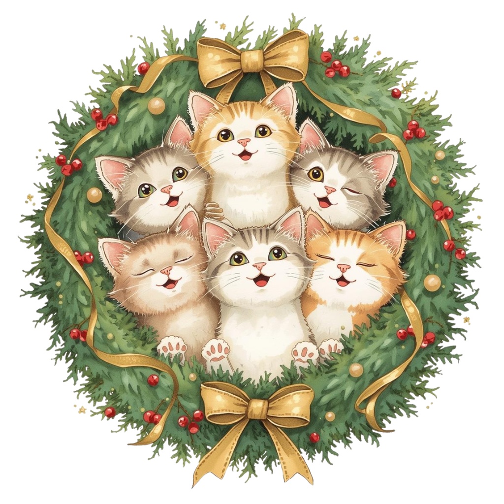 ゆるねこクリスマス|手書き風ぬいぐるみ猫のゆるカワPNGクリップアート12セット(PNG形式背景透過)