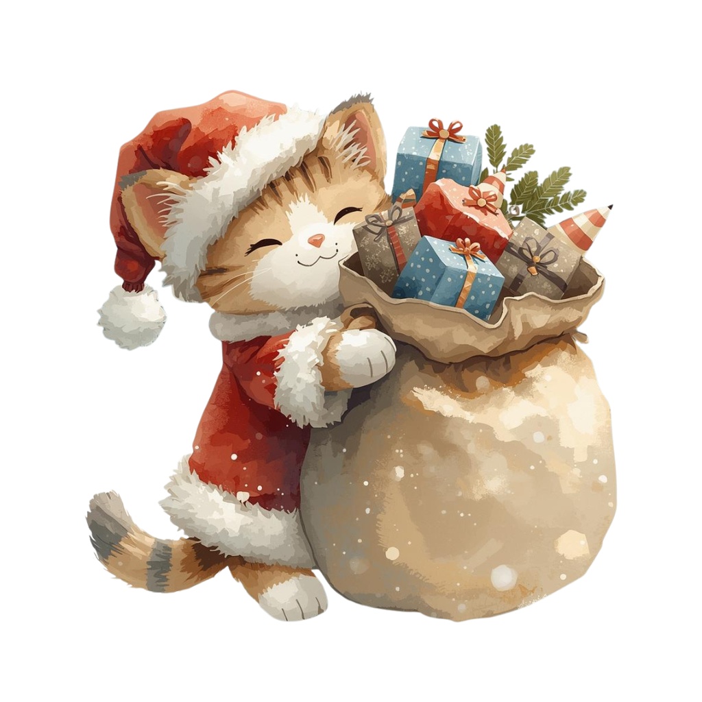 ゆるねこクリスマス|手書き風ぬいぐるみ猫のゆるカワPNGクリップアート12セット(PNG形式背景透過)