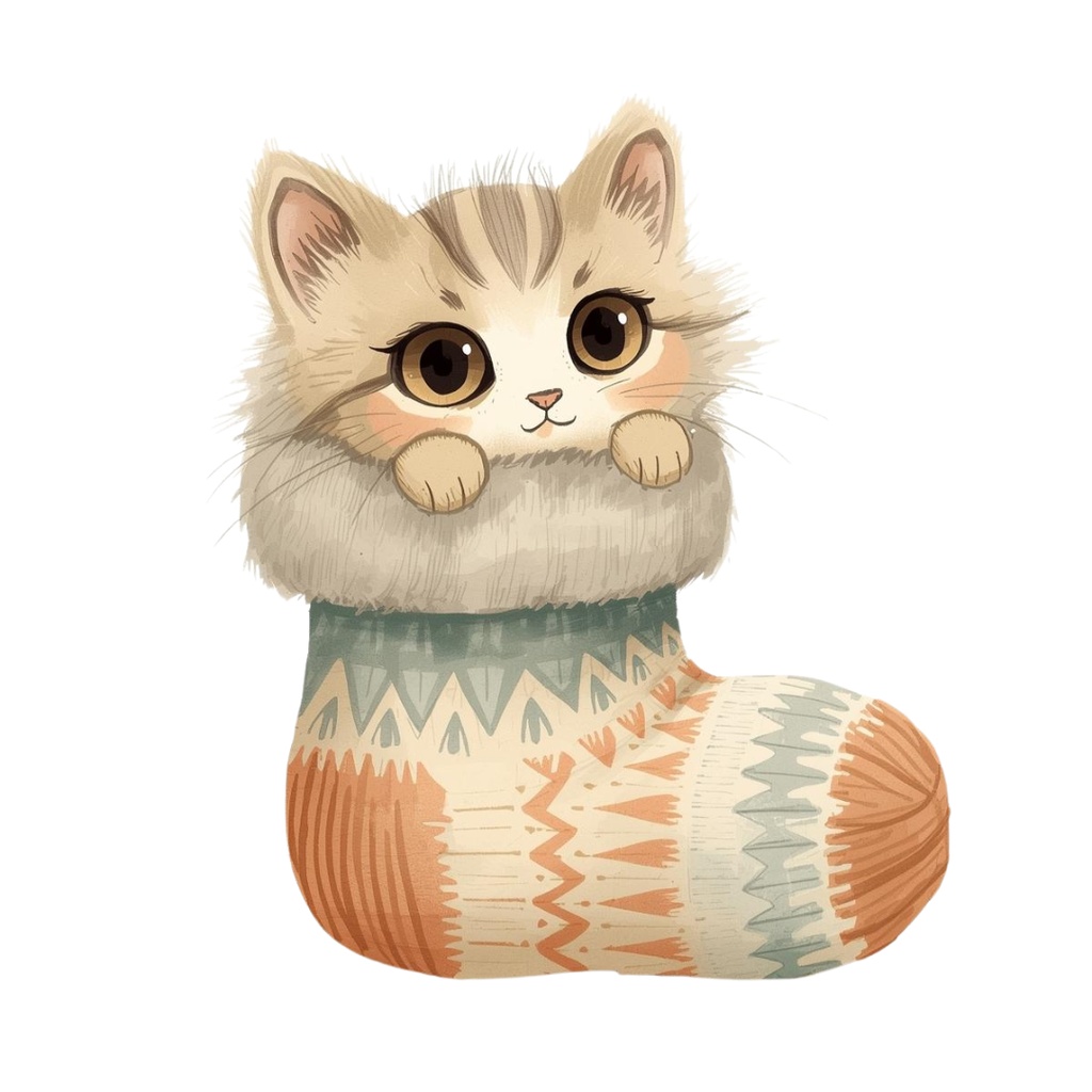 ゆるねこクリスマス|手書き風ぬいぐるみ猫のゆるカワPNGクリップアート12セット(PNG形式背景透過)