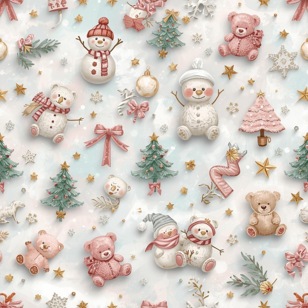 くまさんと雪だるまのゆめかわホワイトクリスマスデジタルペーパー